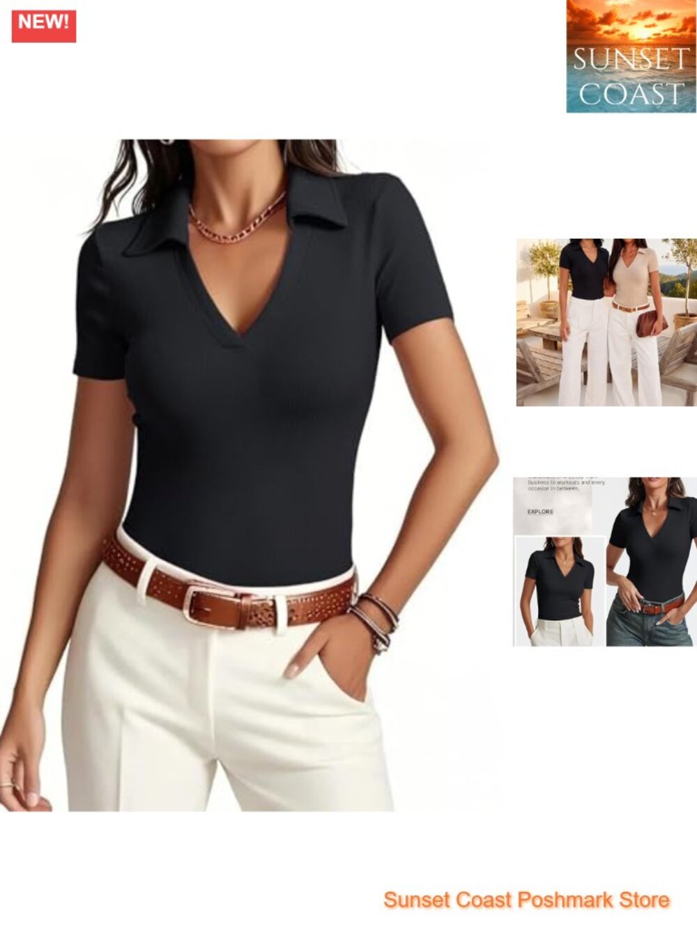 Womens Short Sleeve V Neck Fitted Business Polo Shirt Rayon Stretch Work Top